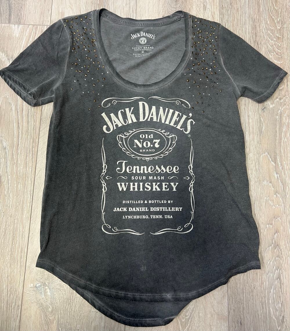 Lucky Brand Jack Daniels Women M Studded Graphic Tee Distressed Whiskey Shirt